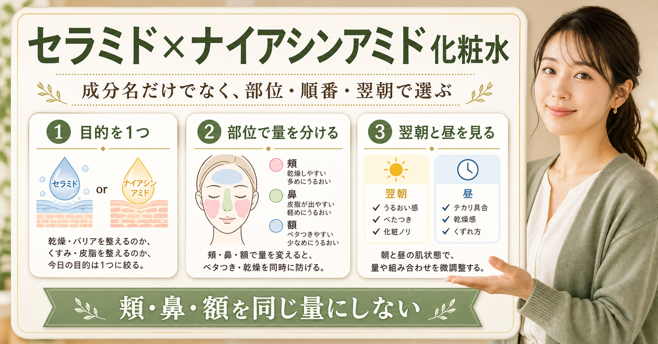 セラミド ナイアシンアミド 化粧水はどう考える?毛穴・皮脂・肌質の視点で整理????????