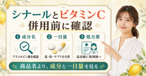 シナールと別のビタミンCを併用する前の確認順を示すアイキャッチ