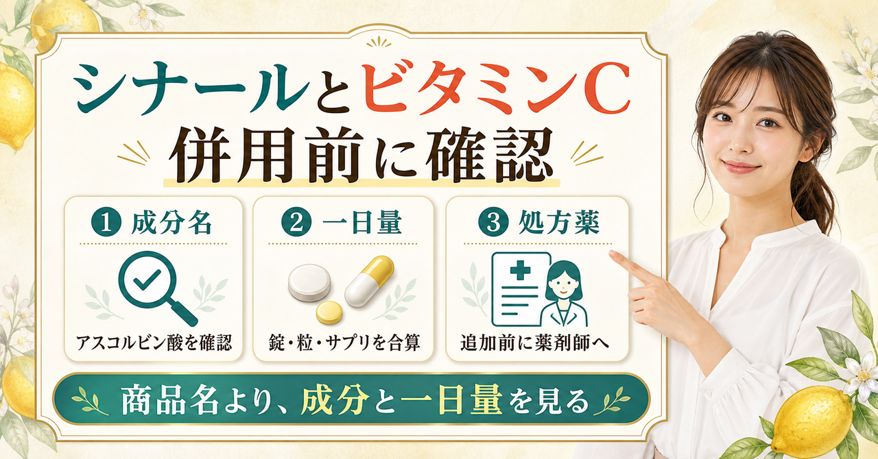 シナールと別のビタミンCを併用する前の確認順を示すアイキャッチ