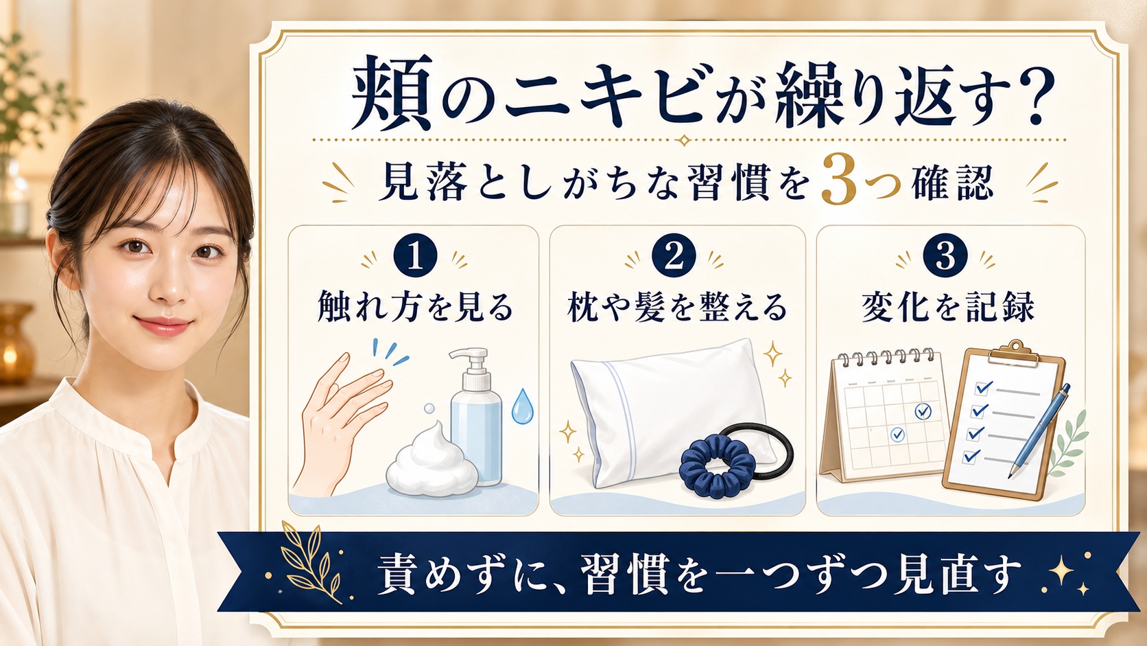頬のニキビを触れ方・枕や髪・記録の3つの習慣で見直すアイキャッチ