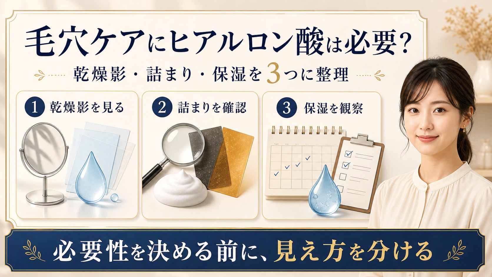 ヒアルロン酸の必要性を乾燥影・詰まり・保湿の3視点で見分けるアイキャッチ