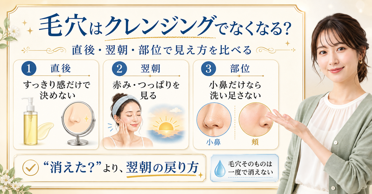クレンジング後の毛穴を直後と翌朝と部位で見るアイキャッチ