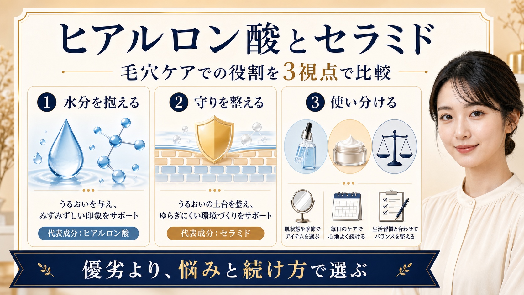 ヒアルロン酸とセラミドの役割を水分・保護・使い分けの3視点で比較するアイキャッチ