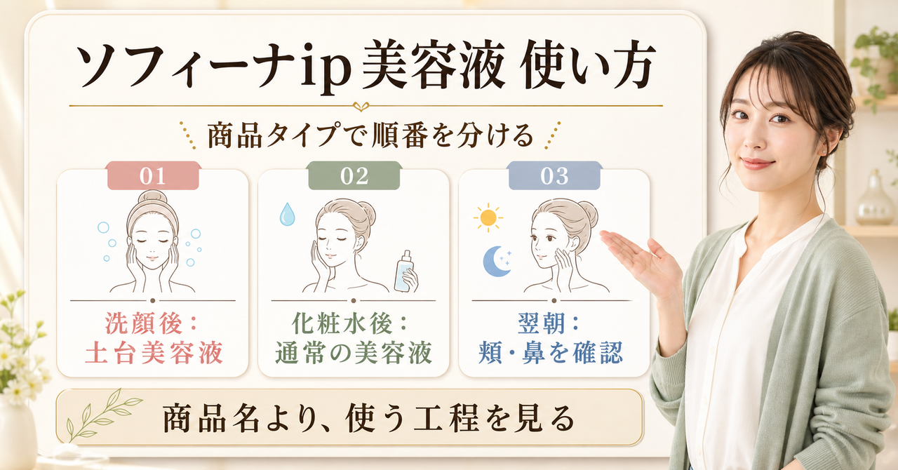 ソフィーナiP美容液の使い方と順番を示すアイキャッチ