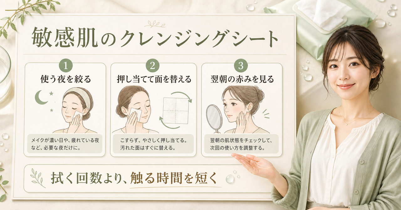 クレンジングシートの接触回数と翌朝の肌を確認するイメージ