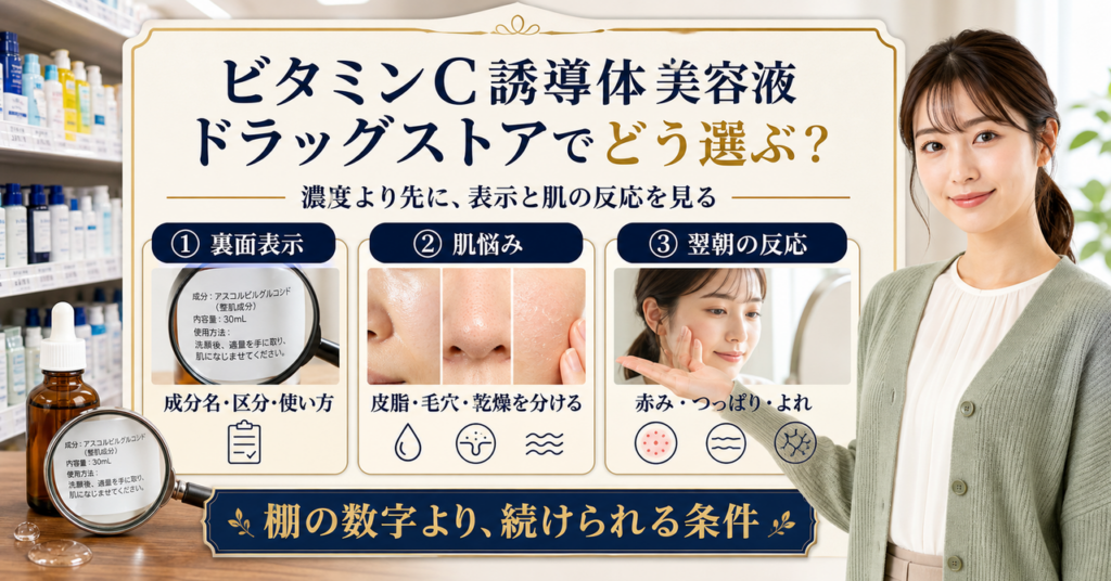 ビタミンC誘導体美容液を表示と使用場面で選ぶイメージ