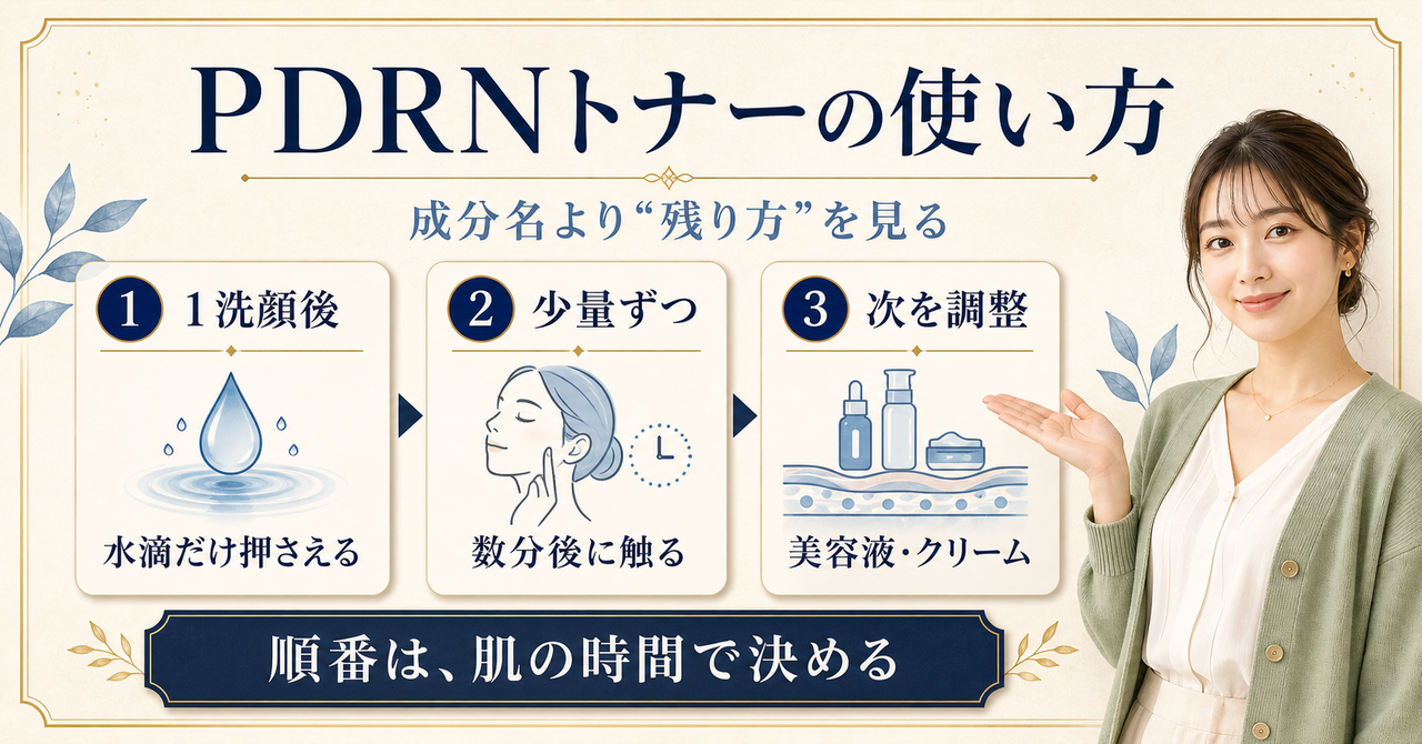 PDRNトナーの使い方と順番を3段階で示す図