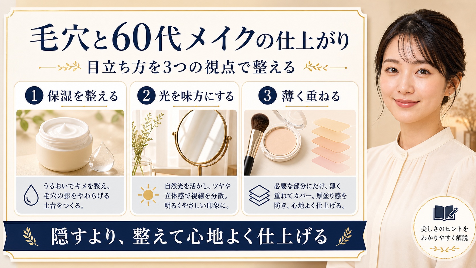 60代メイクの毛穴の見え方を保湿・光・薄づきの3視点で整えるアイキャッチ