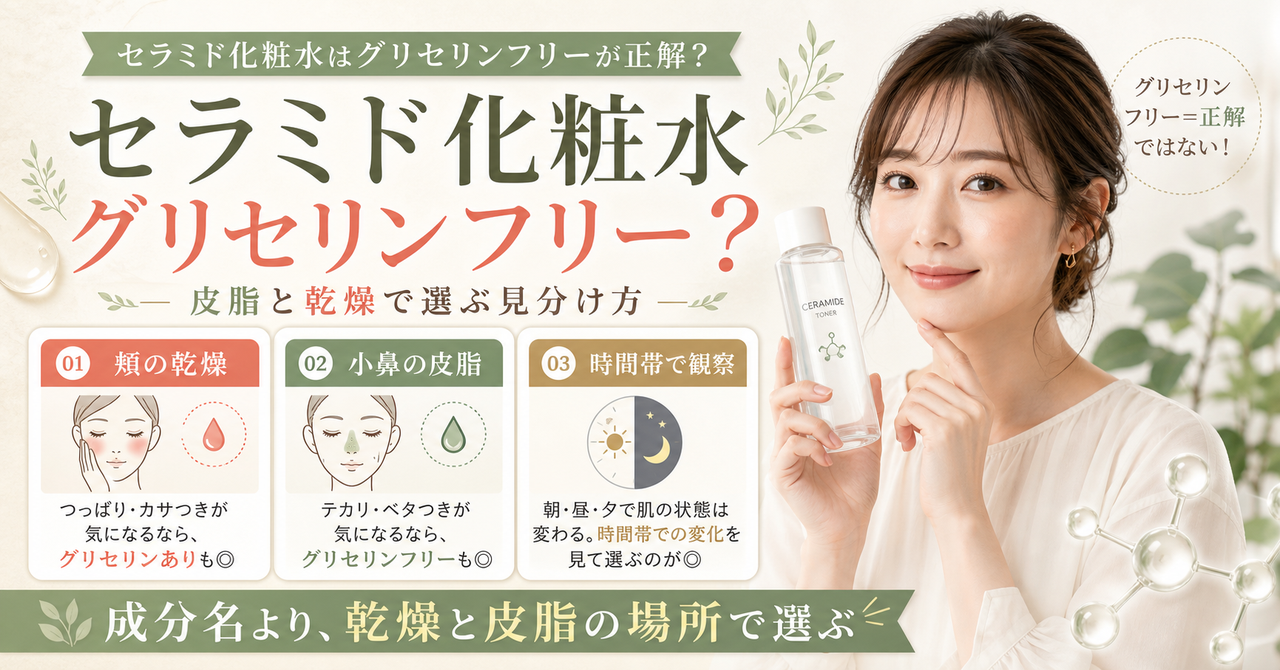 セラミド化粧水とグリセリンフリーを乾燥と皮脂で選び分ける図解