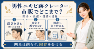 男性のニキビ跡クレーターを市販ケアと受診の境界で整理する図解