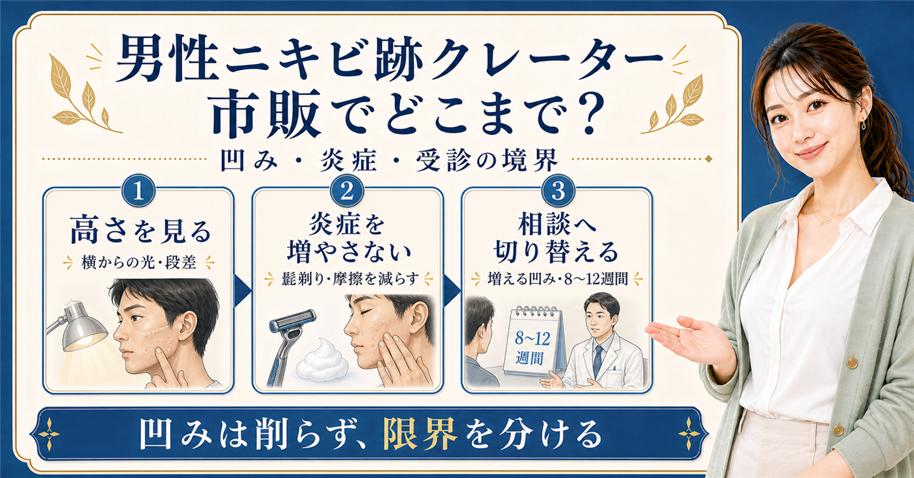 男性のニキビ跡クレーターを市販ケアと受診の境界で整理する図解