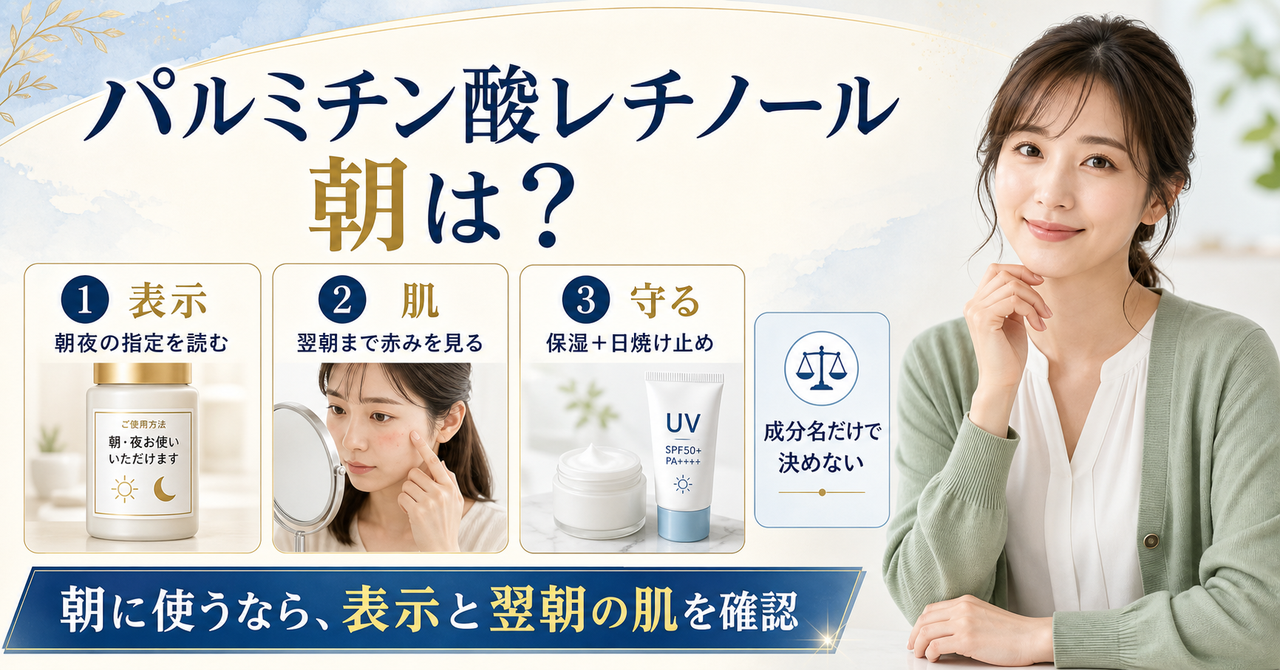 パルミチン酸レチノールを朝に使うときの紫外線対策と使用判断を示す図解