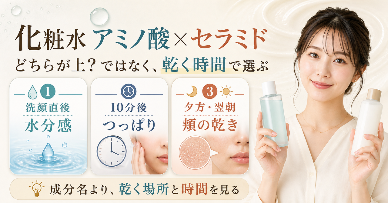 化粧水のアミノ酸とセラミドを乾く時間と場所で選ぶ美容ボード