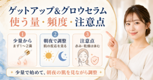 ゲットアップ&グロウセラムの使う量・頻度・注意点を示すイラスト
