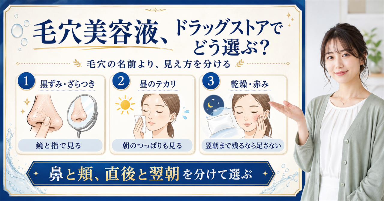 ドラッグストアの毛穴美容液を使う場面で選ぶアイキャッチ