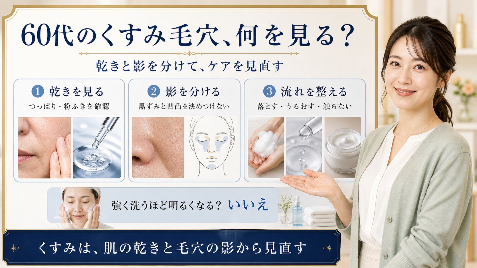 60代のくすみ毛穴スキンケア|乾きと影の見直し|Chocobra