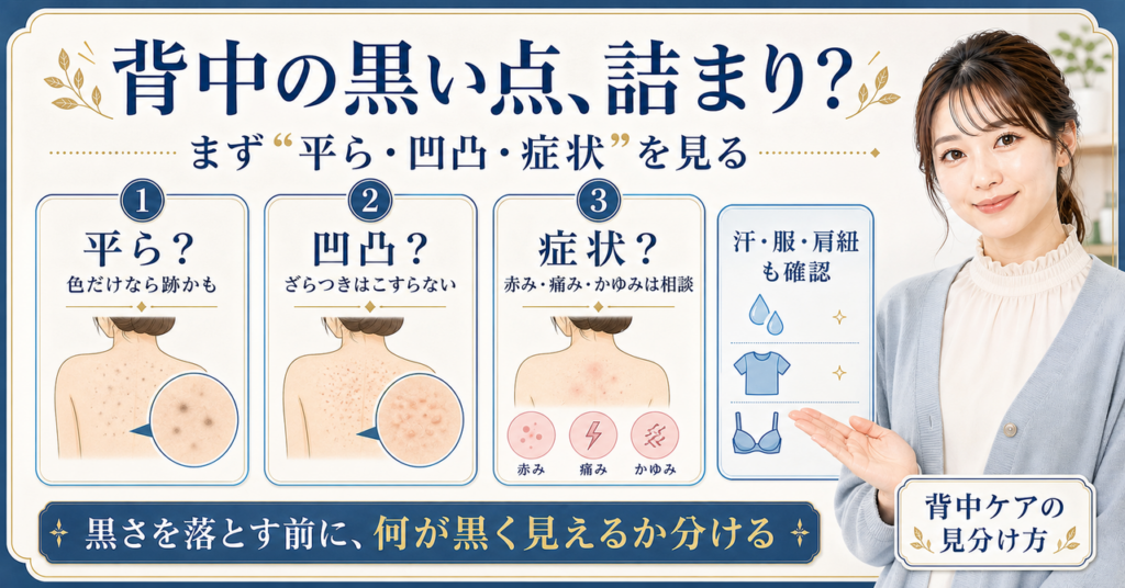 背中の黒い点を平ら・凹凸・症状で分けるアイキャッチ