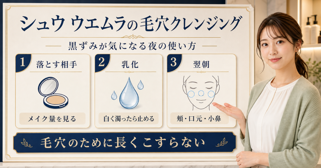 シュウ ウエムラのクレンジングを毛穴悩みで選ぶ考え方のイラスト