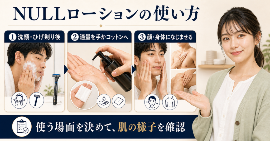 NULL アフターシェーブローションの使い方を3手順で示すアイキャッチ