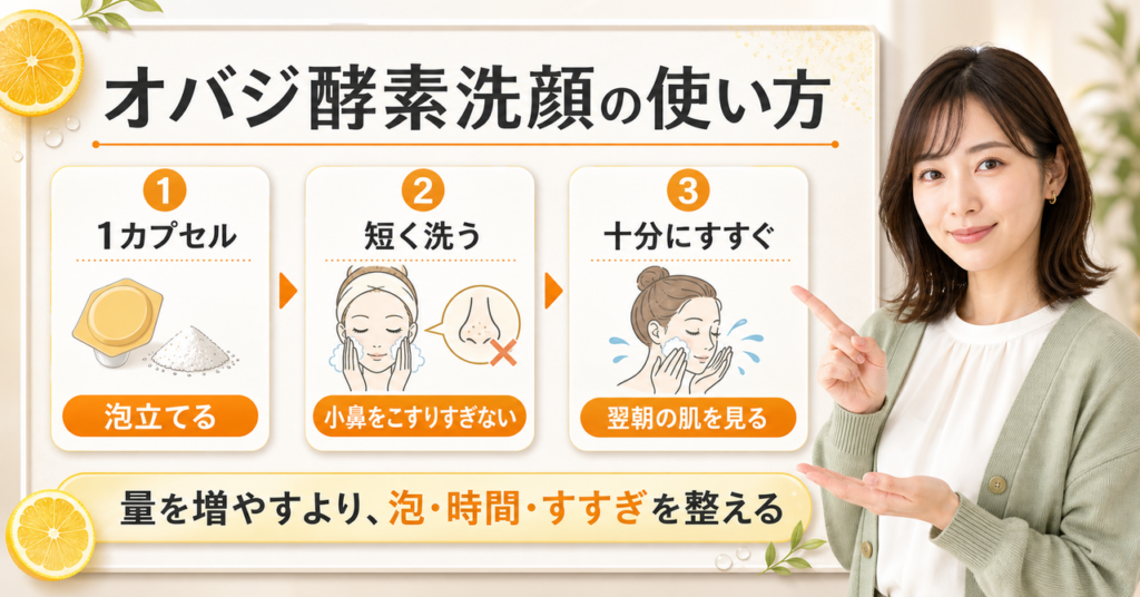 オバジ酵素洗顔の泡立てと翌朝の肌観察を示すイメージ