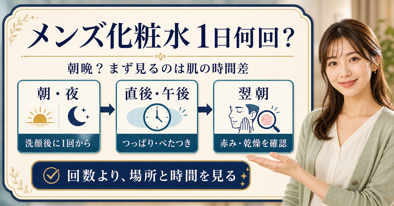 メンズ化粧水を使う回数と肌観察のイメージ