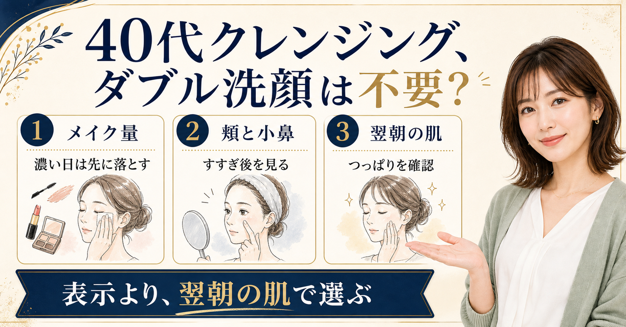 40代クレンジングとダブル洗顔不要の判断を3つの視点で整理したアイキャッチ