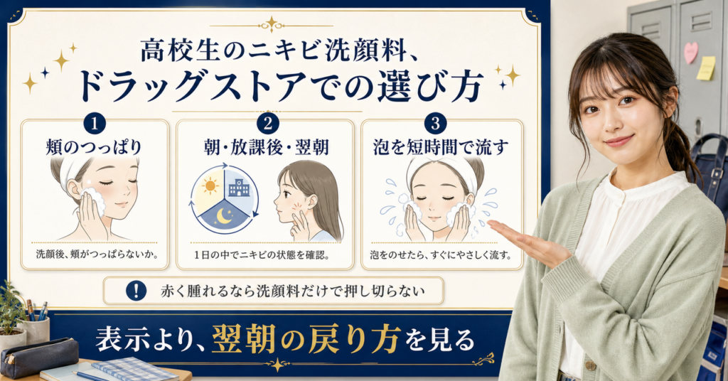 高校生のニキビ洗顔料をドラッグストアで選ぶ3つの見方