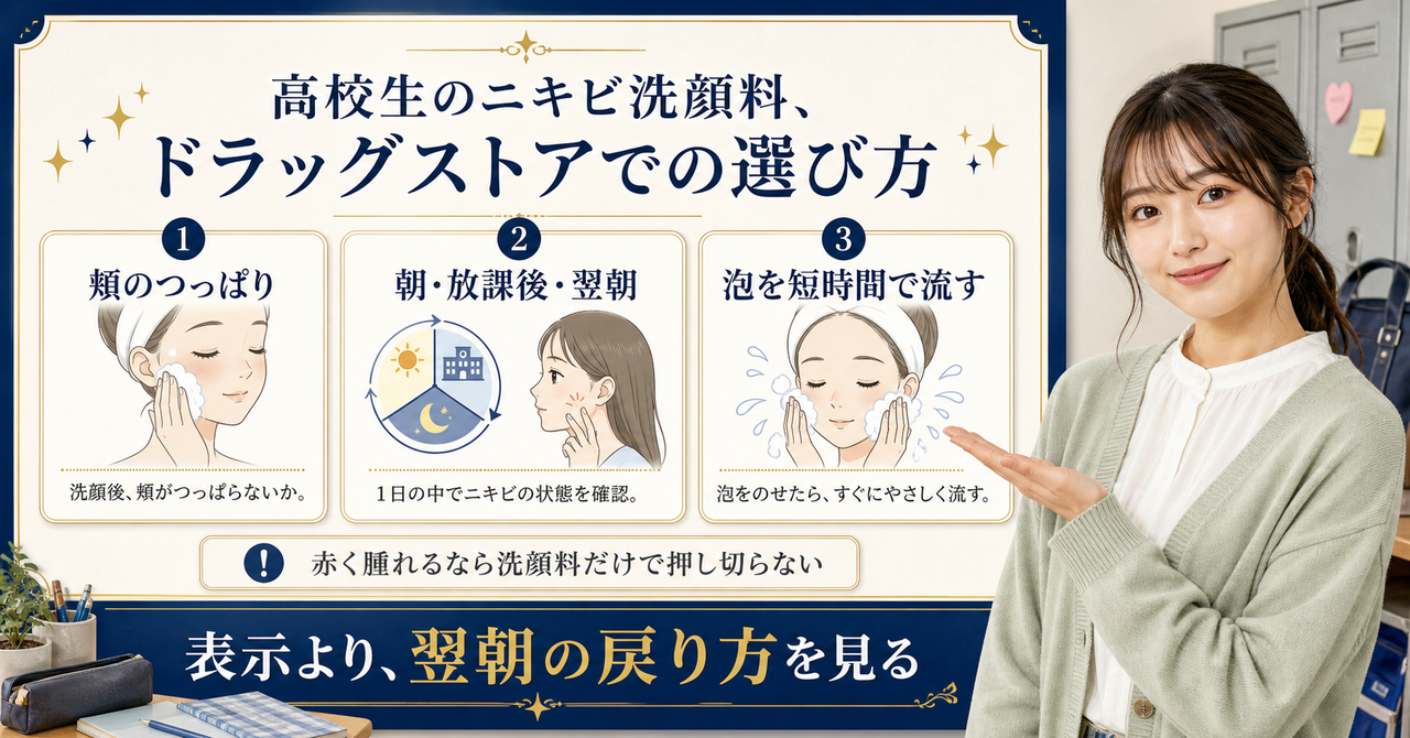 高校生のニキビ洗顔料をドラッグストアで選ぶ3つの見方
