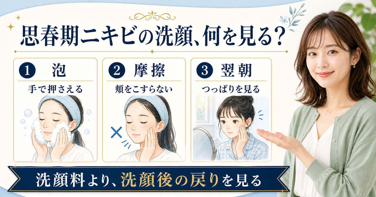 思春期ニキビの洗顔で泡、摩擦、翌朝の肌を見るアイキャッチ