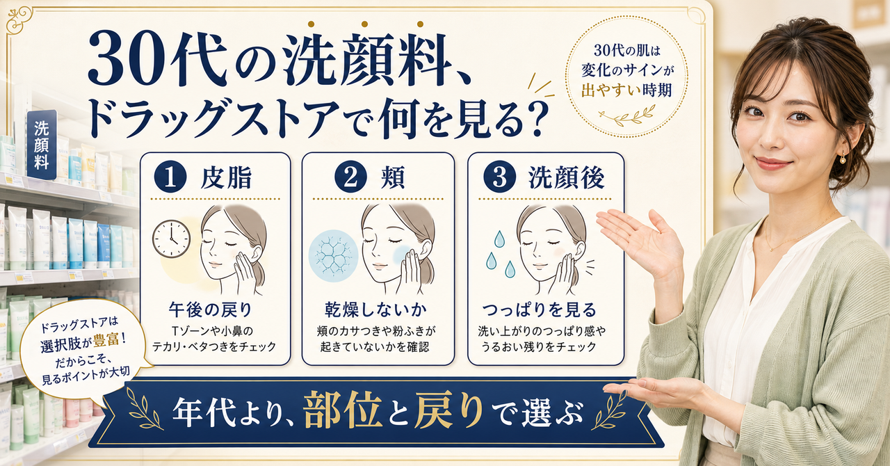 30代の洗顔料をドラッグストアで選ぶときの判断軸を示すアイキャッチ