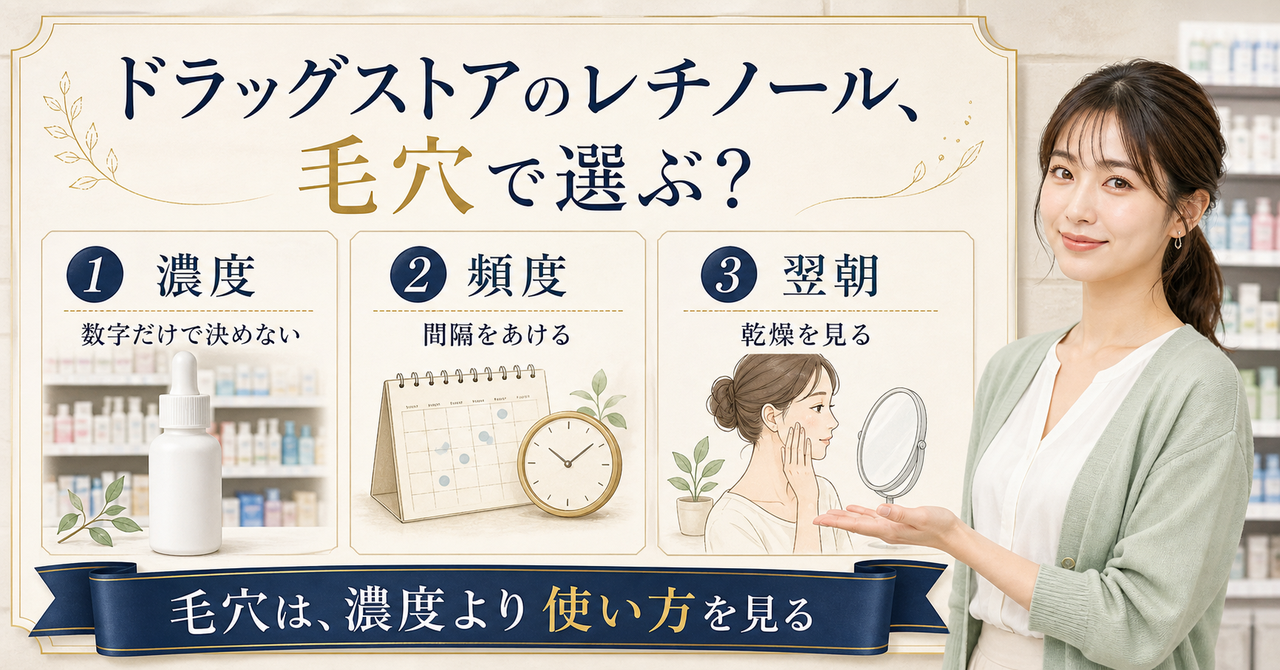 ドラッグストアのレチノールを毛穴目的で濃度、頻度、翌朝から選ぶアイキャッチ