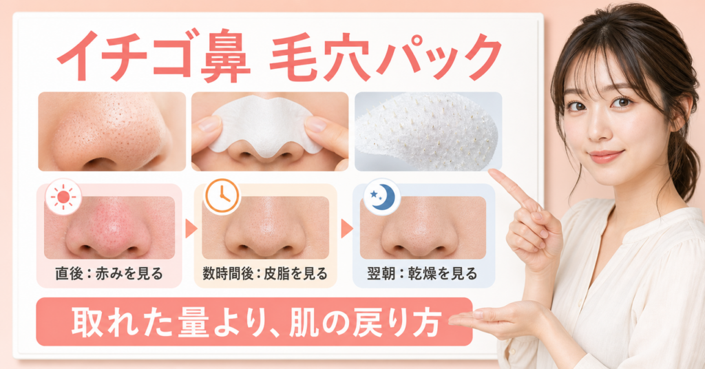 イチゴ鼻の毛穴パック使用前後と乾燥・刺激を確認する図