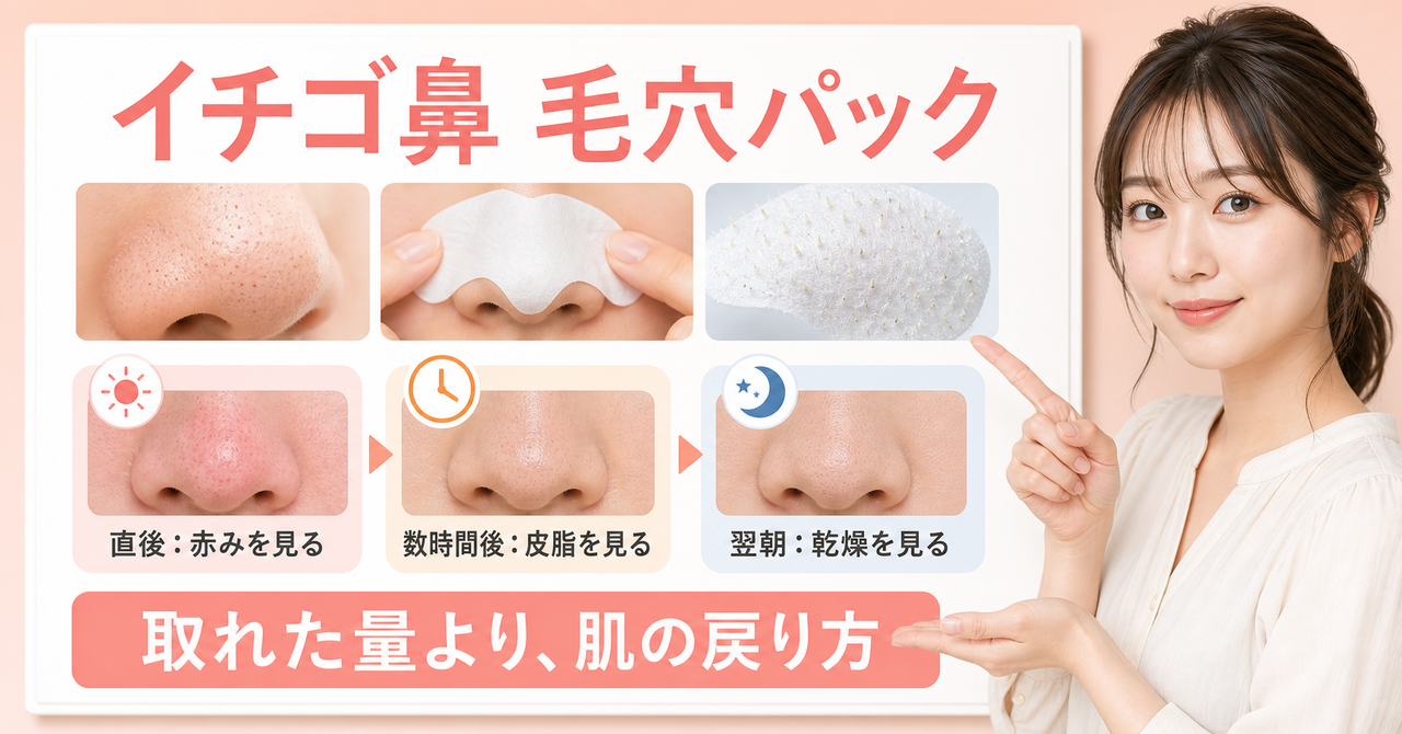 イチゴ鼻の毛穴パック使用前後と乾燥・刺激を確認する図