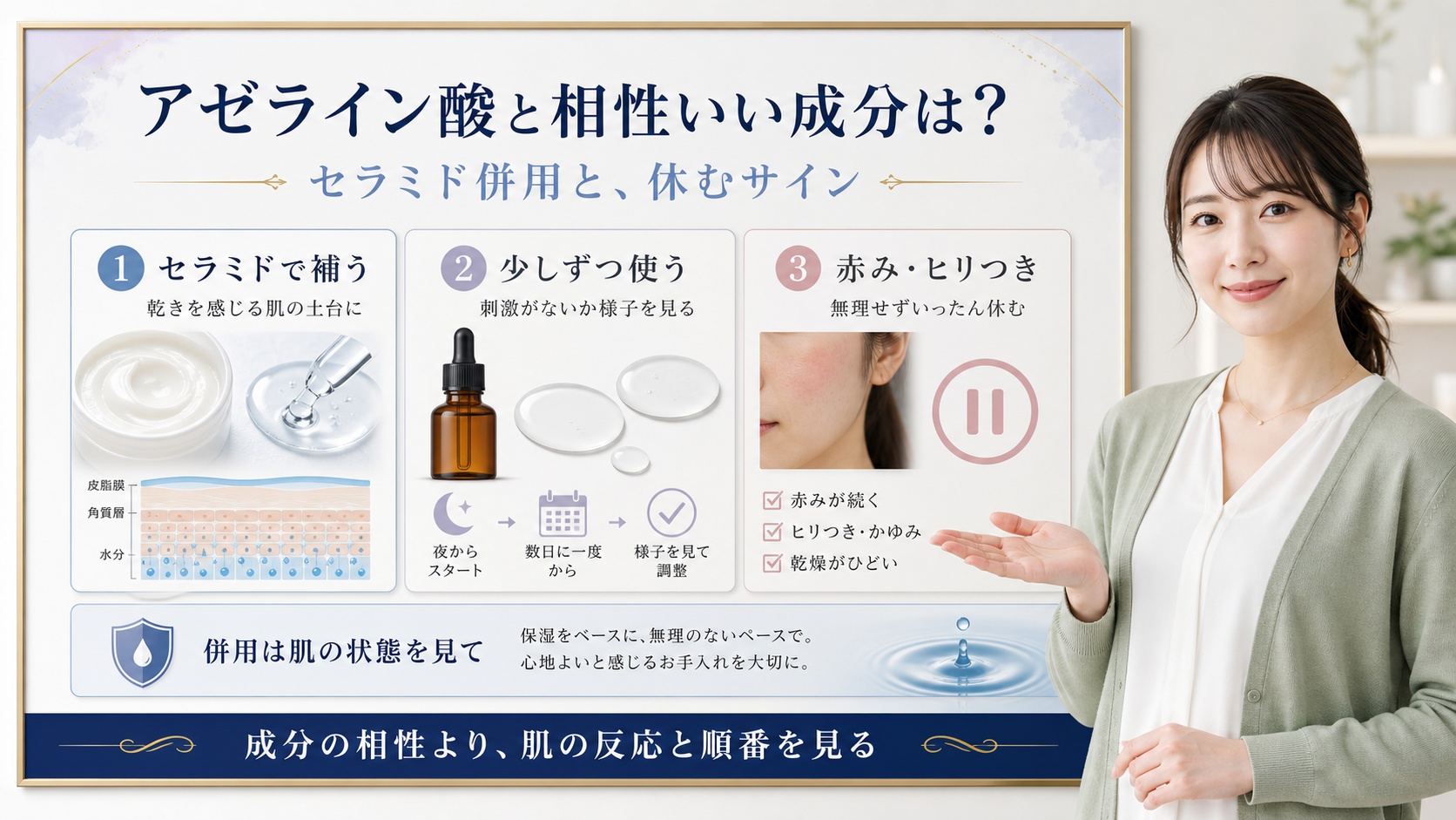 アゼライン酸と相性いい成分は？セラミド併用と休むサイン｜Chocobra