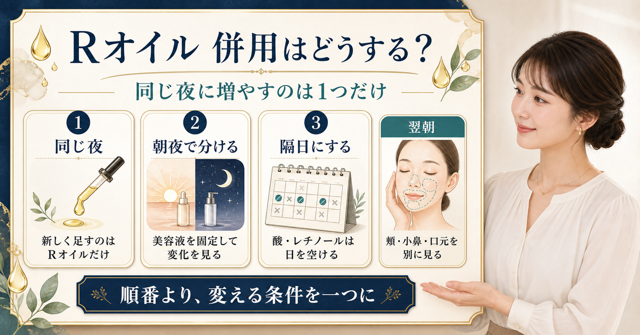 OSKIA Rオイルと美容液の併用を順番と肌状態で確認する図
