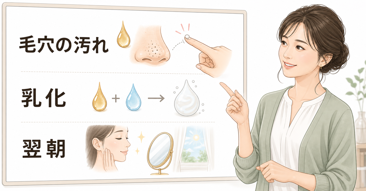 クレンジングオイルの乳化と翌朝の毛穴状態を確認する図