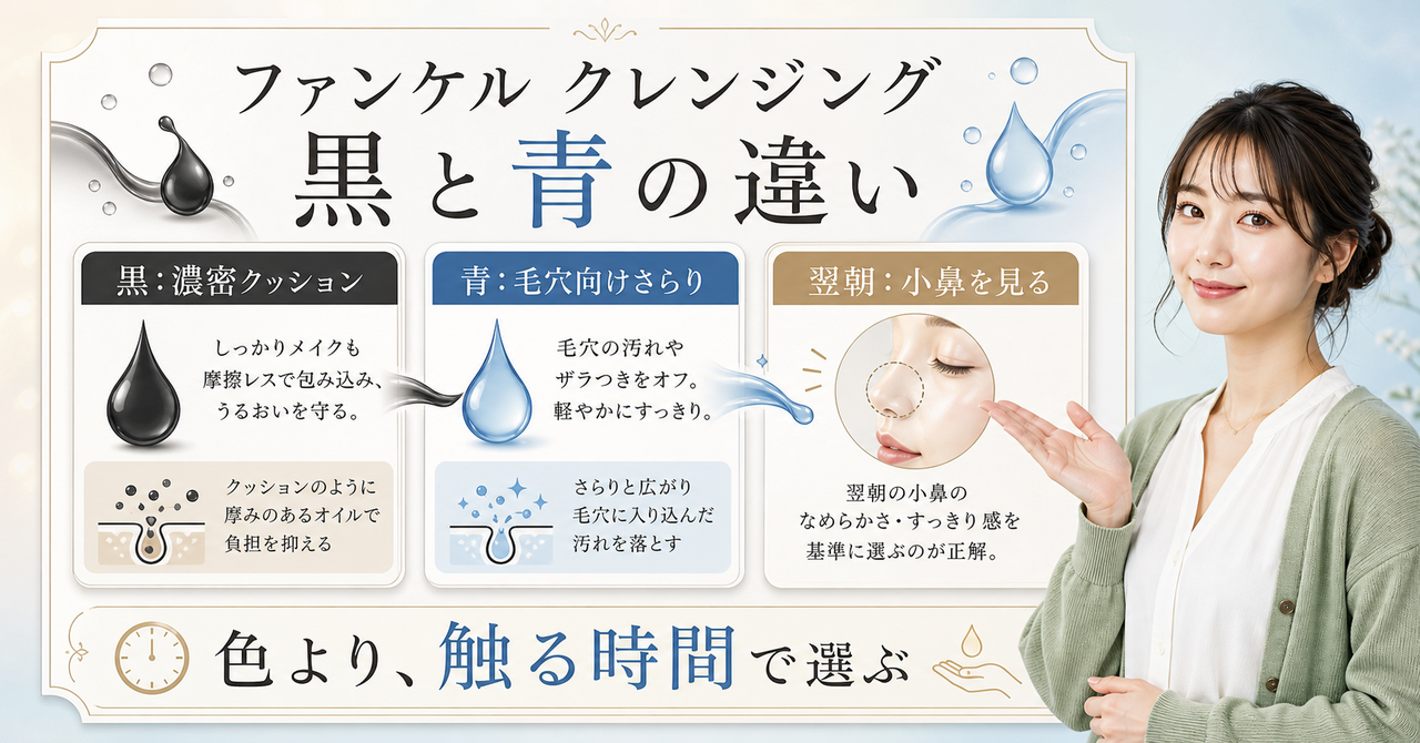 ファンケルクレンジングの黒と青を毛穴と肌状態で比較する図