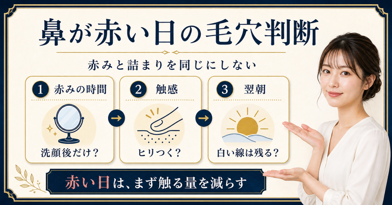 鼻の赤みと毛穴を刺激と続き方で分けて見る図