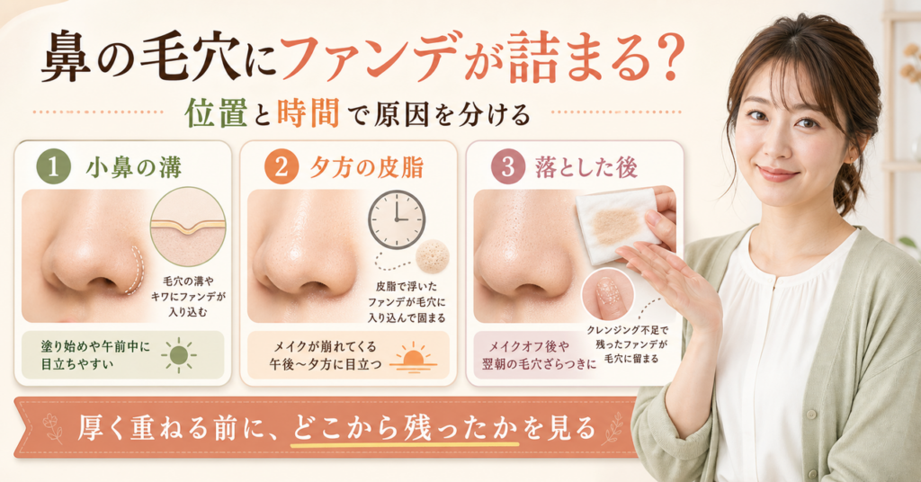 鼻の毛穴にファンデが詰まるとき塗る量と落とす工程を分ける図
