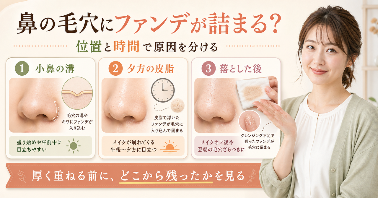 鼻の毛穴にファンデが詰まるとき塗る量と落とす工程を分ける図