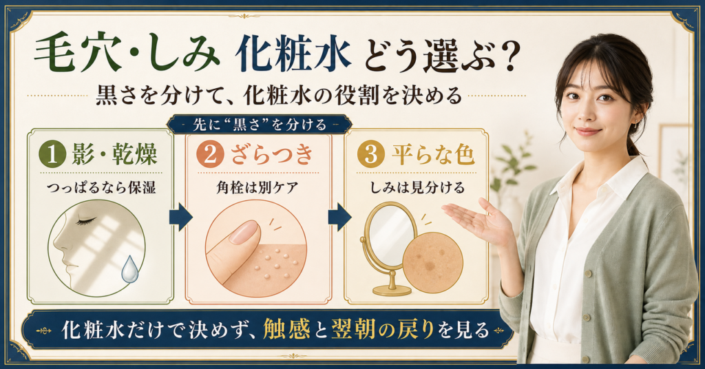 影・乾燥、ざらつき、平らな色を分けて化粧水を選ぶビューティーボード