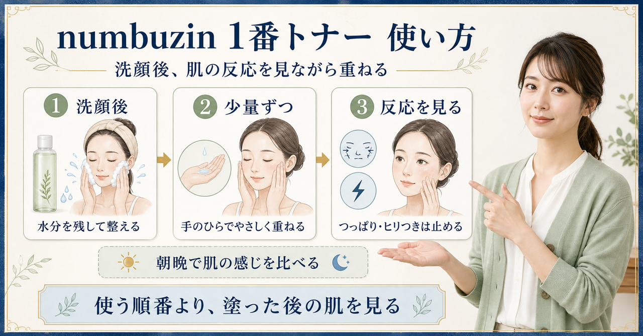 numbuzin 1番トナーの使い方を洗顔後・少量ずつ・肌の反応を見る3段階で示すアイキャッチ