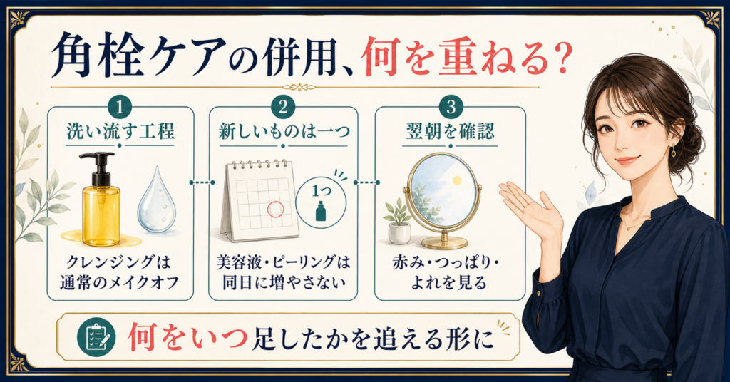 角栓溶解クレンジングオイル VCの併用で通常のメイクオフ、新しいものは一つ、翌朝確認を示す図解