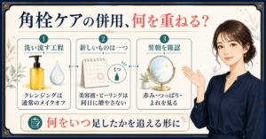 角栓溶解クレンジングオイル VCの併用で通常のメイクオフ、新しいものは一つ、翌朝確認を示す図解