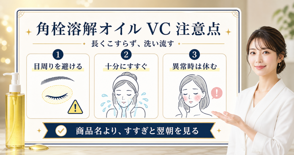 角栓溶解クレンジングオイル VCの注意点を目周り、すすぎ、異常時で分ける図解
