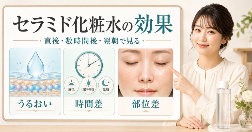 セラミド化粧水の効果を直後・数時間後・翌朝と頬・鼻の部位差で見る図解