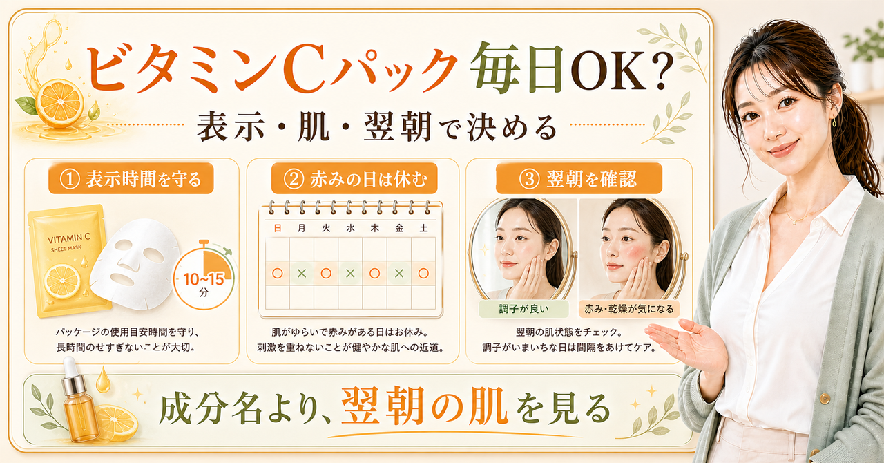ビタミンCパックを毎日使うときの表示時間・赤み・翌朝の判断を示す美容ボード