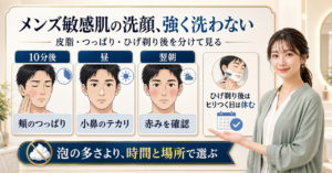 メンズ敏感肌の洗顔で頬のつっぱり、小鼻のテカリ、翌朝の赤みを時間別に見る図解