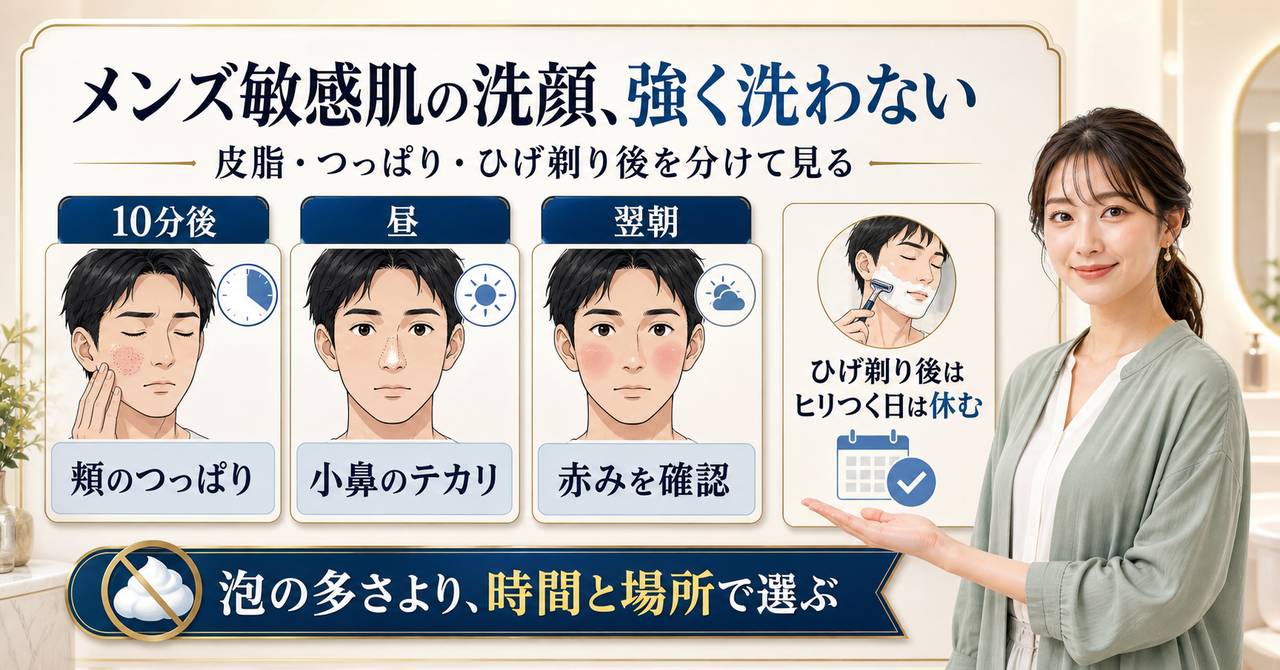 メンズ敏感肌の洗顔で頬のつっぱり、小鼻のテカリ、翌朝の赤みを時間別に見る図解