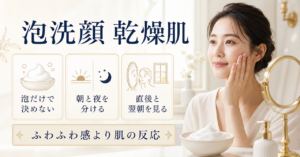 泡洗顔を乾燥肌で使うときの朝夜と翌朝の肌の反応を示す美容ボード